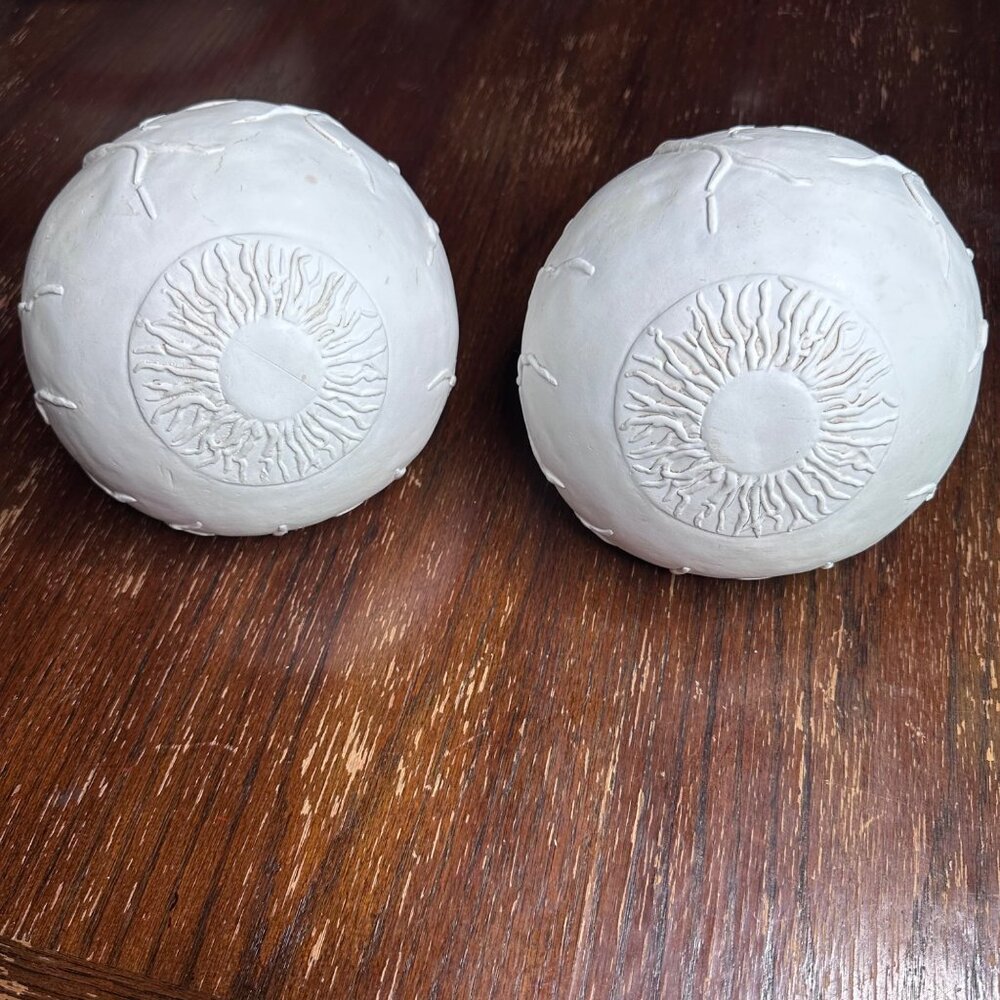 Large White Ceramic Eyeball Bookends With Sculpted Vein & Iris Details